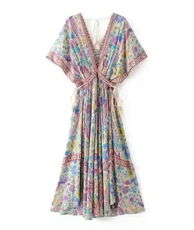 Thumbnail: Boho Queens Women Peacock Floral Print Bat Sleeve Beach Bohemian  Maxi Dresses