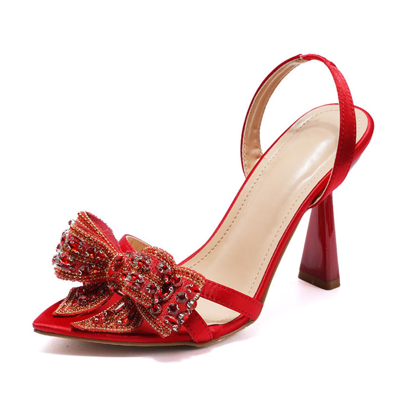 Miniature : Liyke Fashion Crystal Rhinestone Bowknot Pointed Open Toe Back Strap Sandals Wom