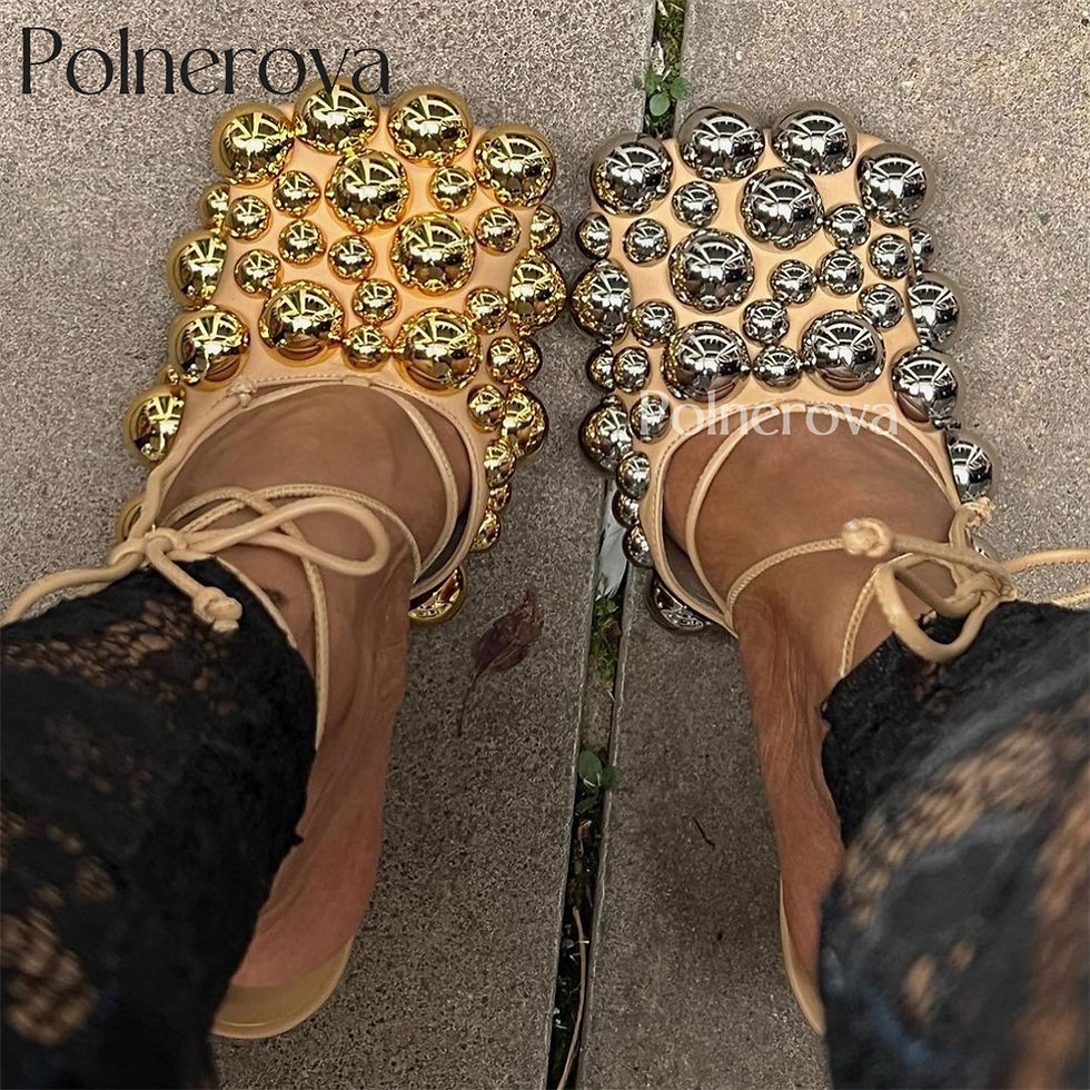 Thumbnail: Silver Gold Bubbles Embellished Strappy Sandals Beige Vegan Leather Stilettos No