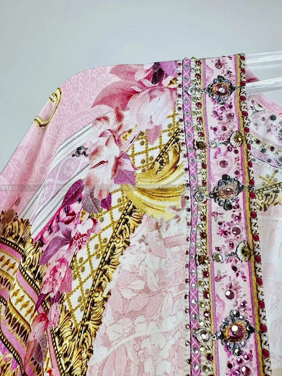 Thumbnail: Designer Dress Women Bohemian Style v Neck Batwing Sleeve Pink Print High Waist