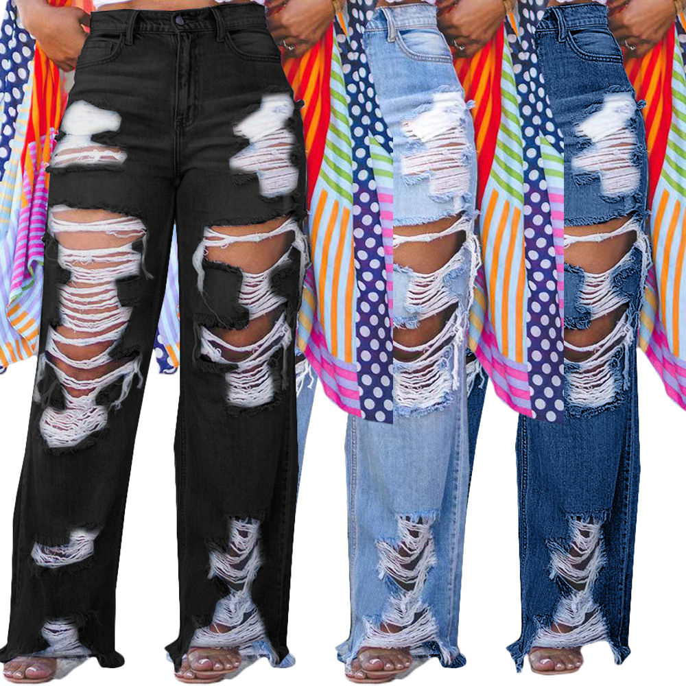 Hole Jeans for Women Ripped Straight Pants Mid Waist Distressed Washed Pockets V