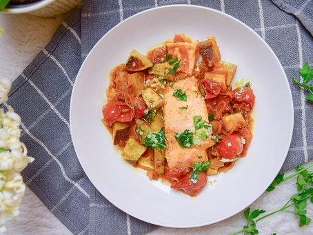 Salmon with Sweet Potato in Tomato, Lime and Cardamom sauce