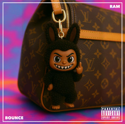 Plush toy with middle finger raised hanging from Louis Vuitton bag against pink background