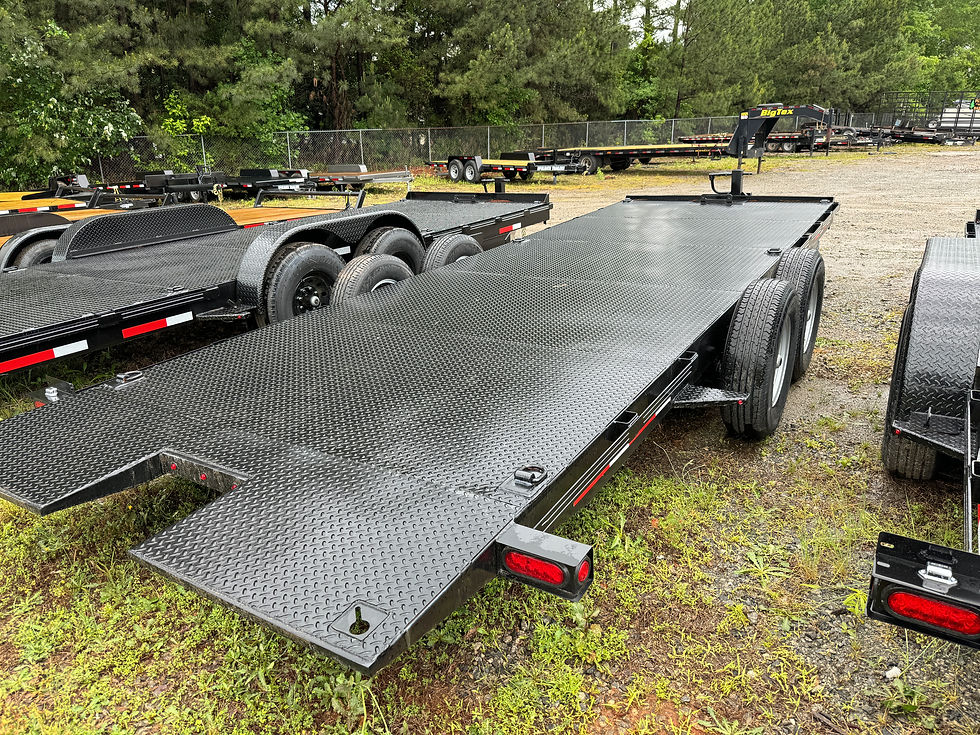 Thumbnail: Gratimax XL car hauler trailer with dual axles and a diamond plate steel deck, designed for heavy vehicle transport and rugged durability.
