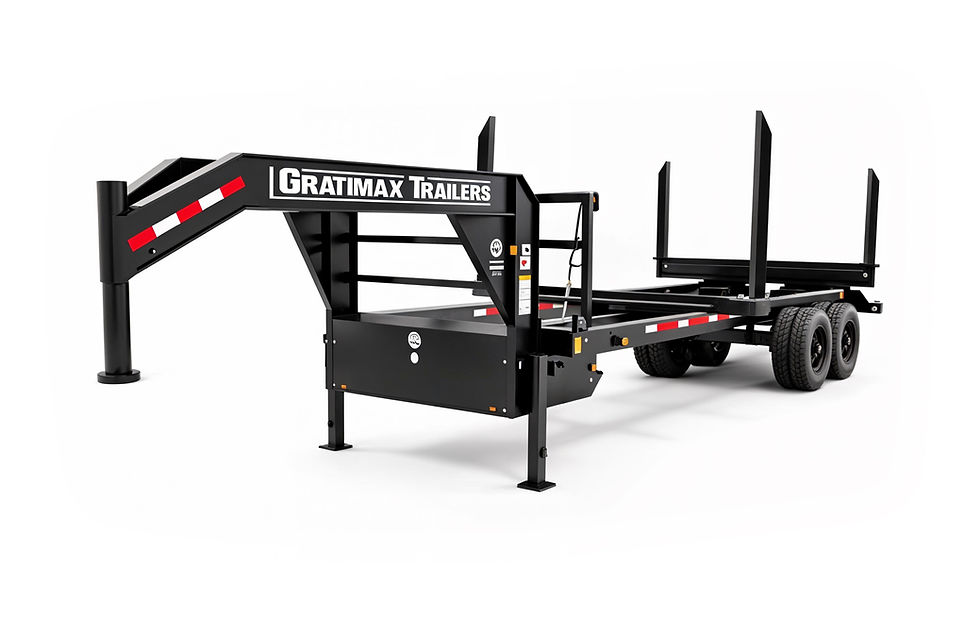 Gratimax gooseneck log trailer with dual axles and upright stake posts, designed for hauling timber and heavy-duty forestry transport.