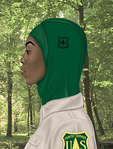 A side profile drawing of a female forest ranger wearing a green athletic hijab. The hijab has a small, black U.S. Forest Ranger emblem on the side of it.