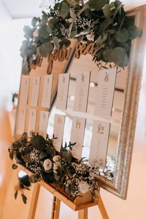 Sitzplan in Naturfarben mit Blumenschmuck – liebevolle Organisation durch erfahrene Hochzeitsplanung.