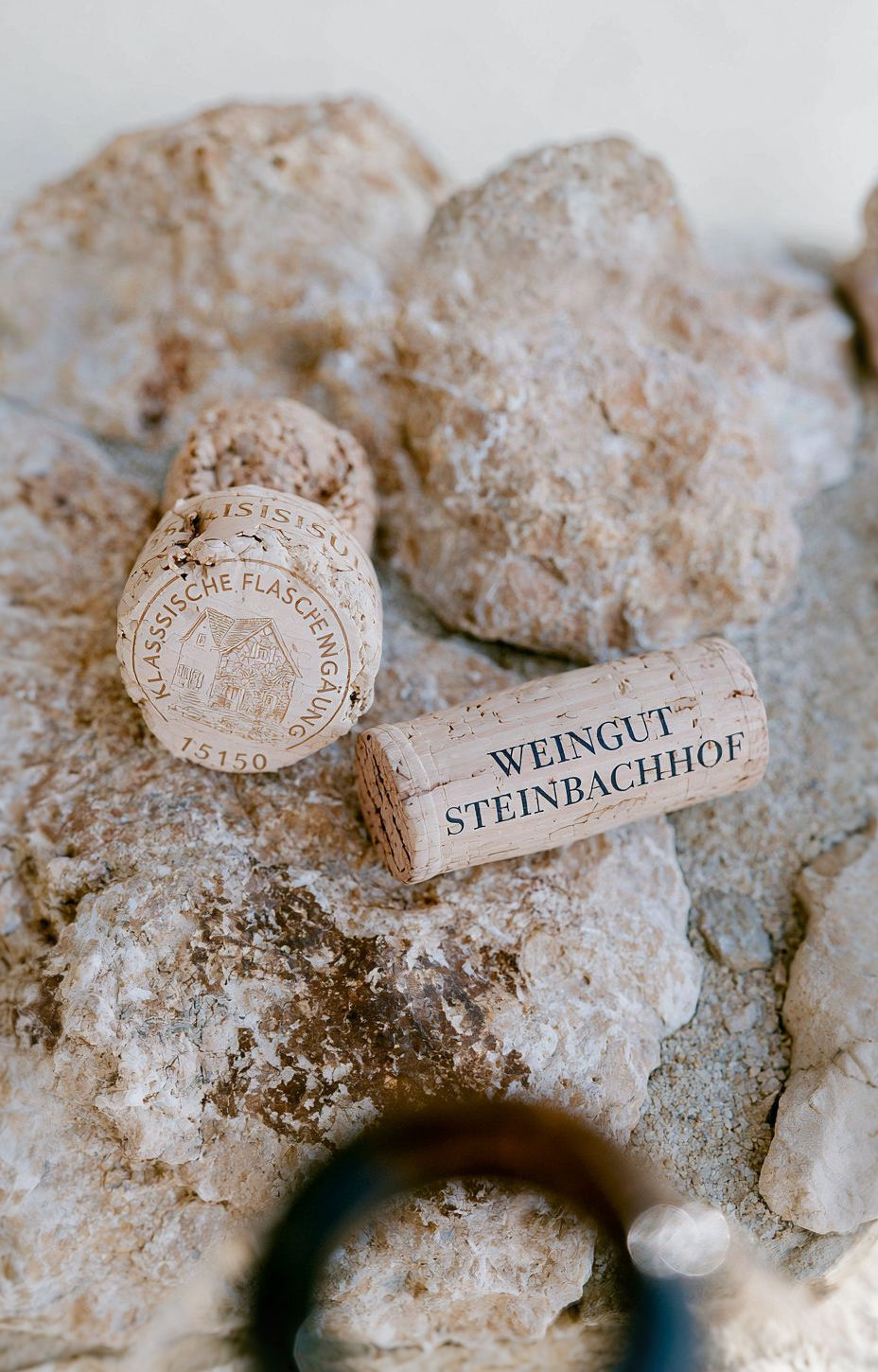 Korken mit dem Schriftzug Weingut Steinbachhof auf Kalkstein