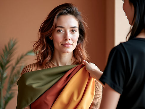 Frau mit Farbtüchern bei Typberatung in Salzburg. In dem Make-me-up Studio in Seekirchen wird hier der Farbtyp für den Herbsttyp bestimmt.