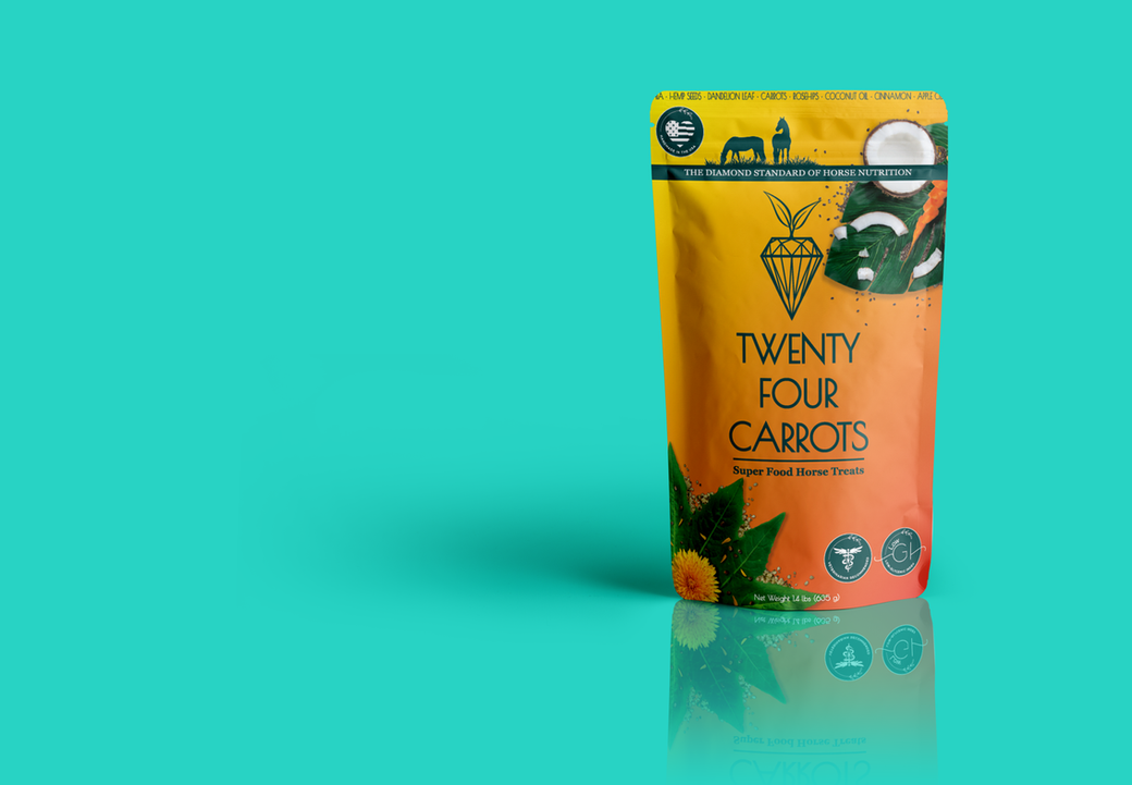 Twenty four carrots super food horse treats. non gmo, soy free, corn free, grain free horse nutrition for horses with allergies and poor diets