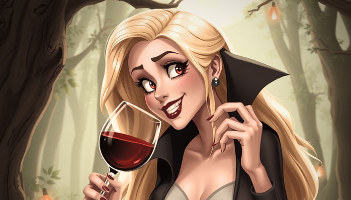 Blonde woman animated Vampire drinking wine hanging in the woods_edited.jpg