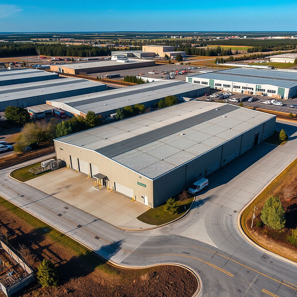 show an industrial warehouse from the outside aerial view.jpg