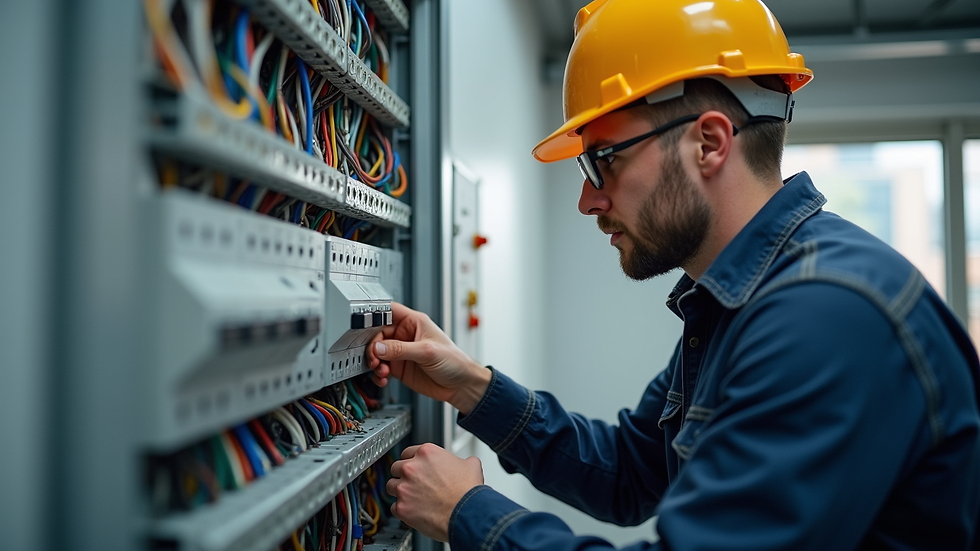 Eye-level view of electrician installing a modern circuit breaker panel