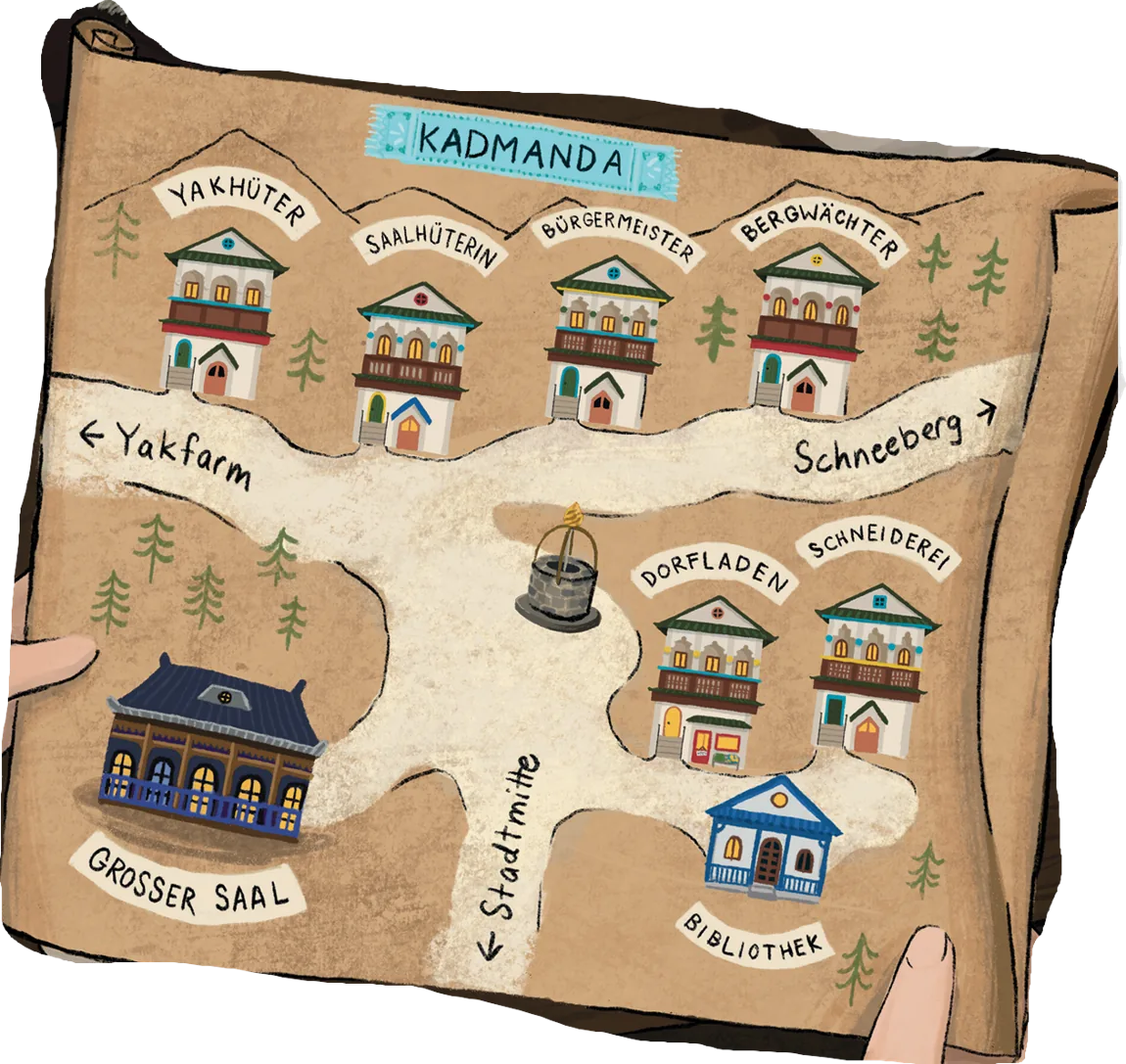 Die Dorfkarte von Kadmanda mit Bibliothek, Schneiderei, Dorfladen, Yakfarm und Großem Saal