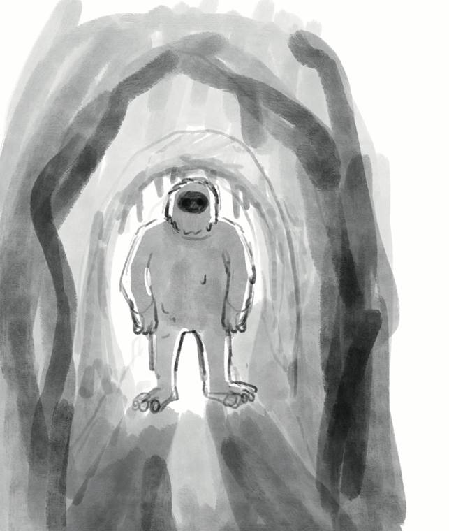 Ein zotteliges Wesen steht im Gang der Eishöhle