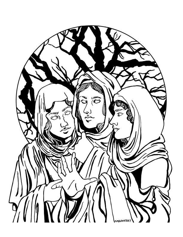Three women with fully-white eyes in Roman clothing stand in front of a dead tree, beckoning the viewer closer