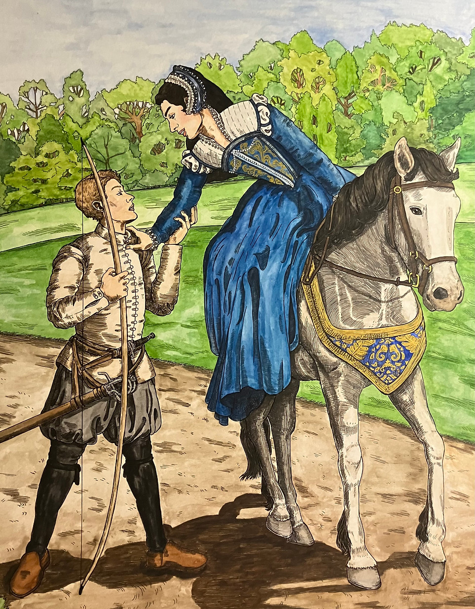 Ink and watercolor piece of two people on a forest path. A dark-haired woman on horseback with a dark blue dress and a black French Hood is leaning down with one hand on the other person's shoulder, smiling. He is a man with dirty-blonde hair looking rapturously up at her, holding a longbow in his free hand. He also wears a shortsword and dagger at his belt.
