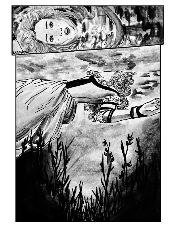 A woman floating in a pond, one image of her face above the suface and one of her Renaissance style gown under the water