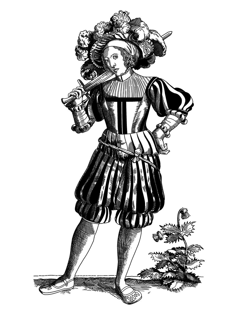 Cross-contour hatched ink drawing of a female knight in a kirtle top, slashed sleeves and hose and feathered hat with a sword