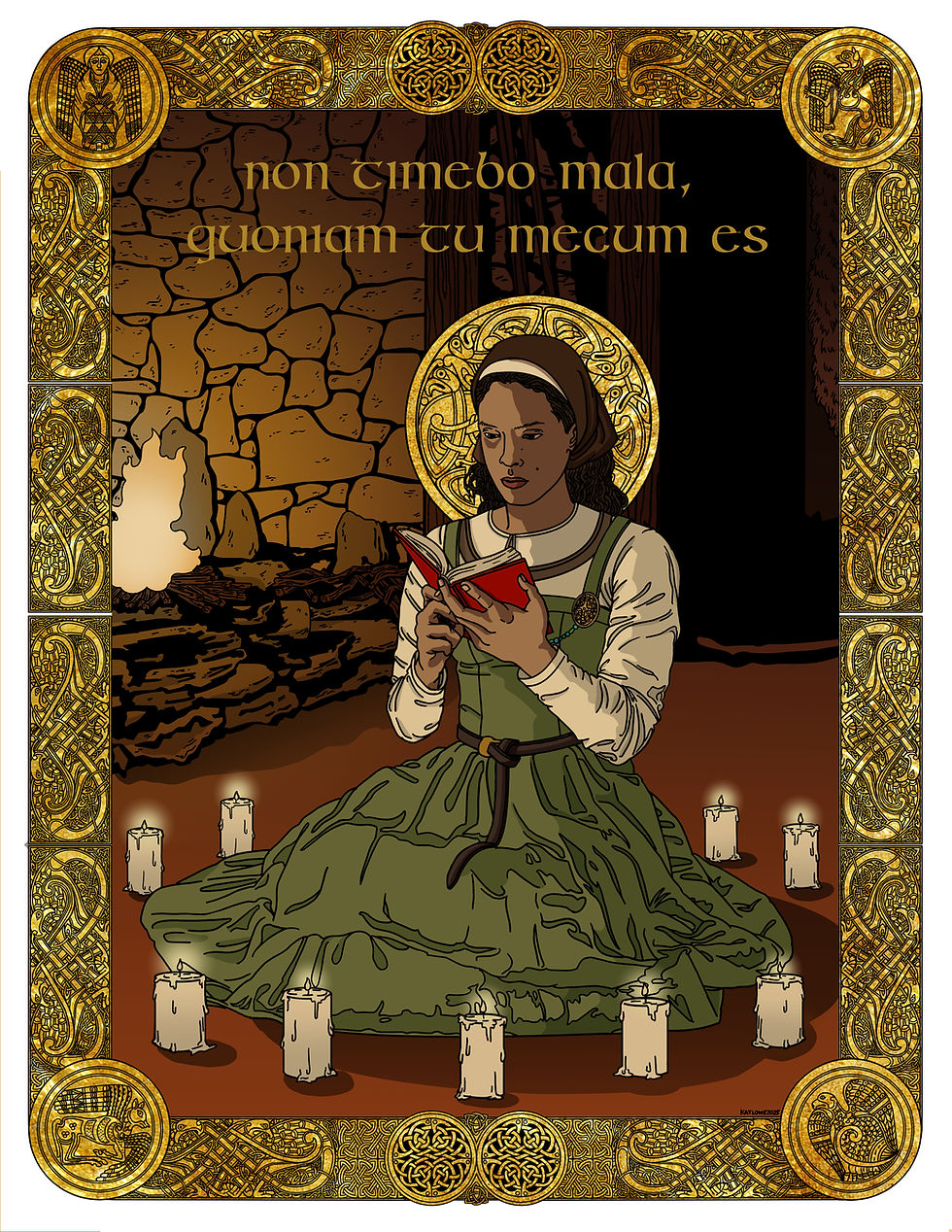 A woman in a green dress kneels in ring of candles in a Viking longhouse, reading an exorcism ritual from a small book for an exorcism. Her gold halo and the gold borders are complex Celtic knots. Golden text in Latin at the top translates as, "I shall fear no evil for Thou art with me".