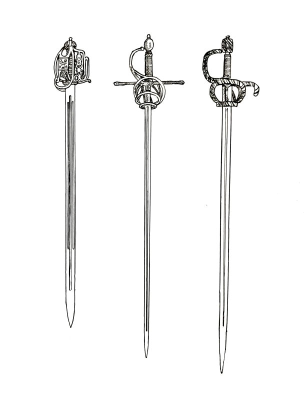 (Borders) Two rapiers and a basket-hilted backsword