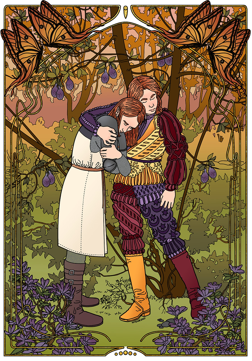 A sunset forest scene with two versions of the same red-haired female elf character embracing. One is in a gray uniform the other in a motley doublet and hose in yellow, orange, purple red. The drawing is Art Nouveau style and has a golden scrolling border.