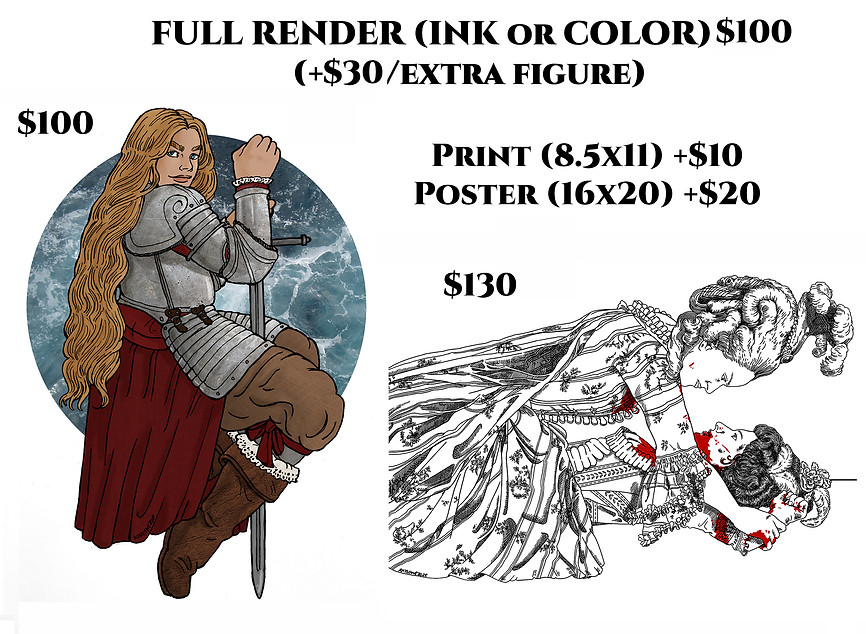 Two drawings, the first with full colors and textured shading, the second in ink with complex crosshatched shading and patterns, not just outlines, and a pop of red, labeled according to the two types "rendered full color" and "rendered ink" respectively. The left hand drawing is of a female knight with full metallic-textured armor and a sword and a circular framed background of the ocean. The righthand drawing is of two women vampires dressed in 1780s-style fancy clothing including complex hairstyles and ball gowns, one on top of the other, who lies on the ground and has blood on her mouth.