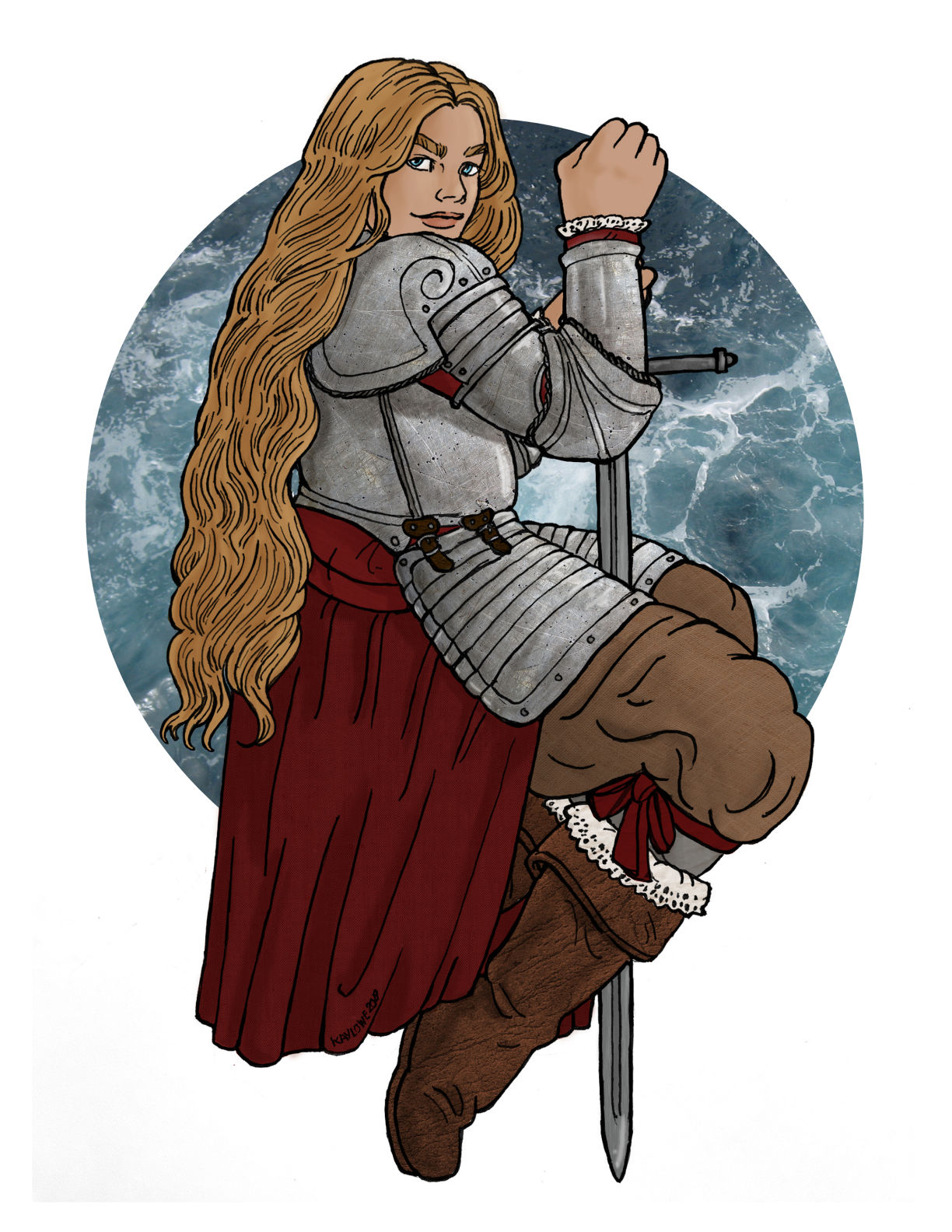 A blond female knight in plate armor and red robes holds a large sword in a pin-up pose over a circle background of the sea