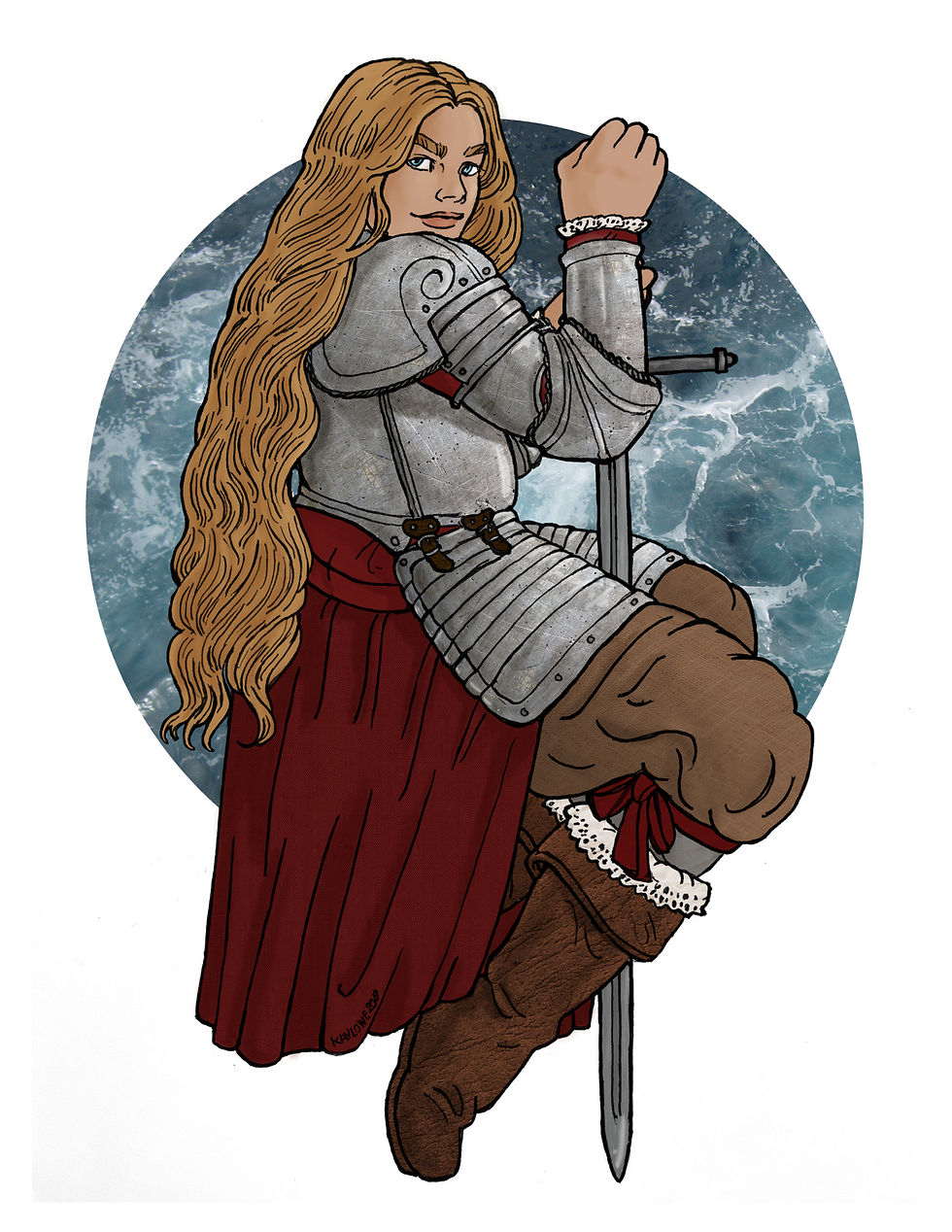 A blond female knight in plate armor and red robes holds a large sword in a pin-up pose over a circle background of the sea