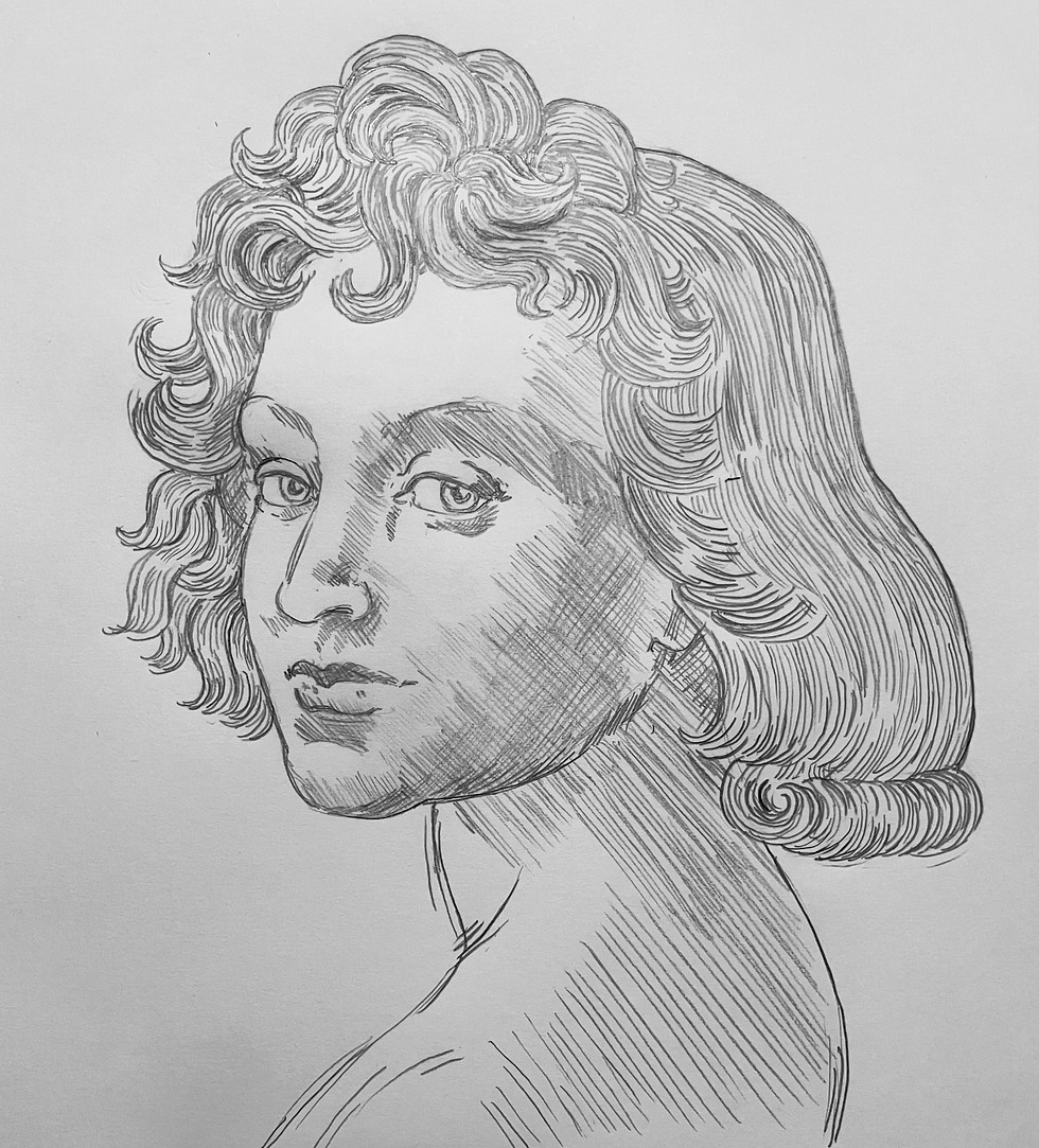 Hatched pencil drawing of a boy with wavy chin-length hair from a ¾ view, looking over his shoulder at the viewer.