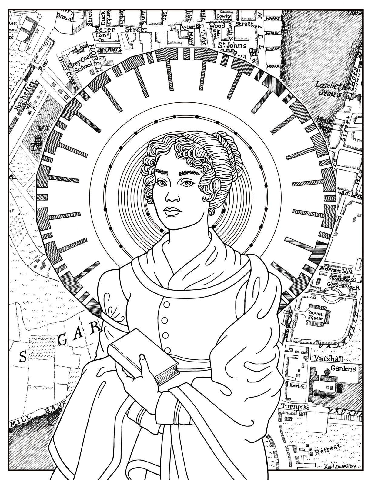Ink art of a woman in 1810s clothing. The floor plan of the Panopticon prison makes a halo. The background is a map of London