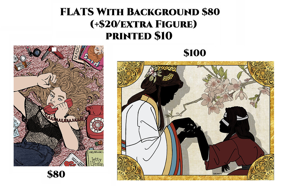 Two line drawings with no shading which are colored in digitally and feature complex backgrounds. One is a girl in lying on a carpet with various items scattered around her. The other features flowers in the background behind two characters and a gold flowery frame. The same prices and add-ons like extra characters are listed as the caption.