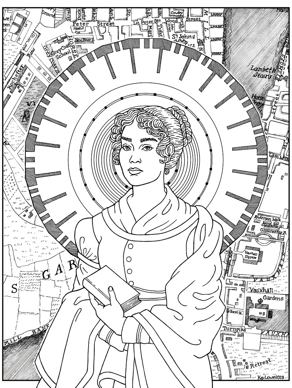 Ink drawing of a woman in 1810s style clothing with a halo shaped like the Panopticon prison floor plan and a map of London behind her.
