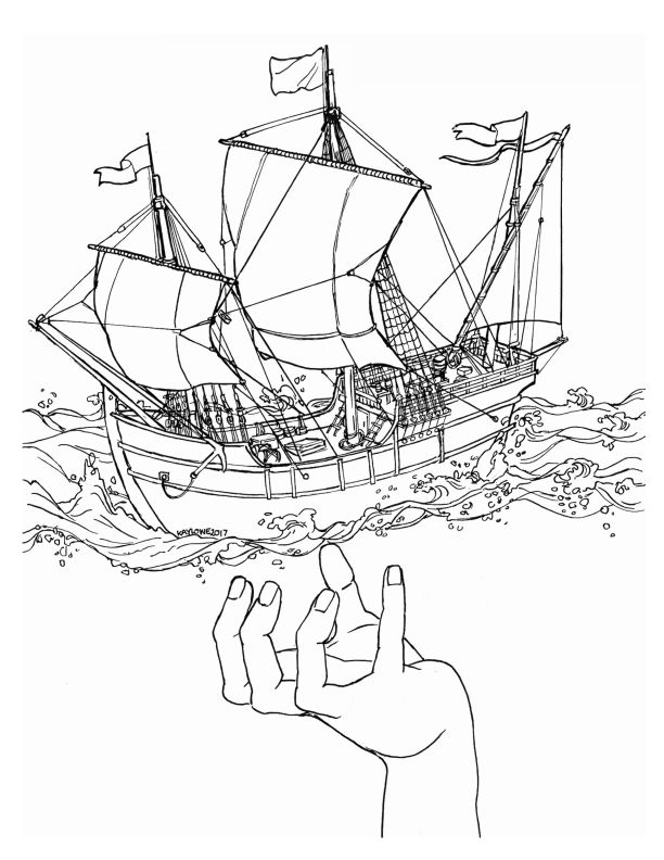 Ink line drawing of a small caravel ship on a turbulent ocean. Under the water a giant hand reaches up