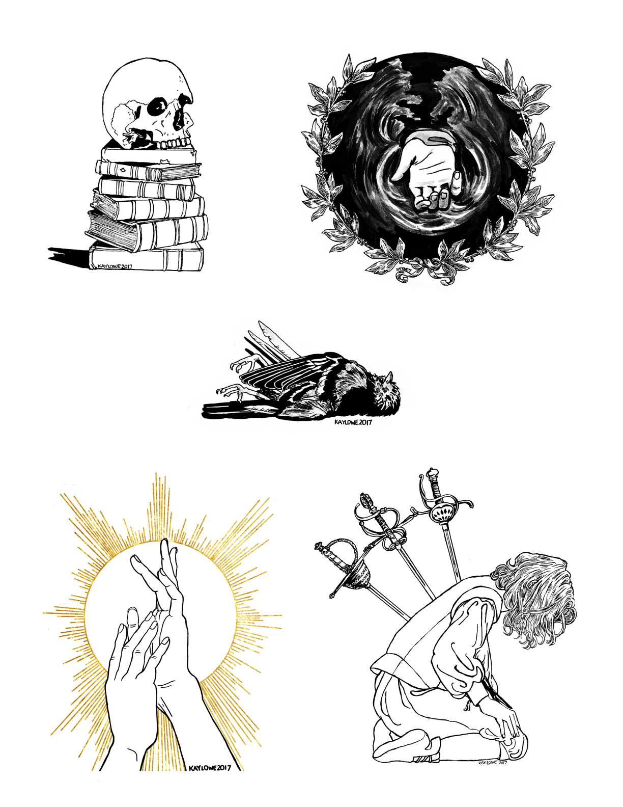 Black on white ink drawings as mentioned in the description. All are lined but the hand, which is painted in gray and black.