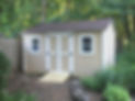 A tan shed with white PVC trim, double doors, a brown roof, and a wooden ramp in a wooded backyard