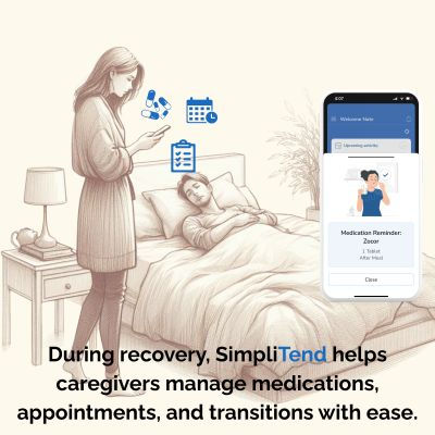 Illustration of a caregiver assisting a patient at home while using a smartphone with SimpliTend’s care management app. The screen shows a medication reminder, emphasizing support during hospital discharge and recovery.