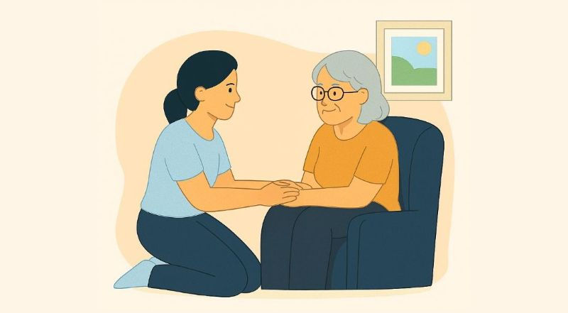A family caregiver kneels beside an older woman seated in an armchair, holding her hands with care. The caregiver looks tired but attentive, symbolizing the emotional weight and love behind home-based caregiving.