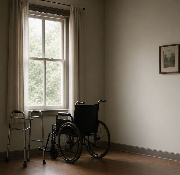 A quiet room with a walker and wheelchair near a window, symbolizing the aftermath of caregiving.