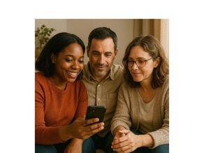 Family caregivers reviewing shared care information together on a smartphone, reducing controlling caregiver behavior and creating calm through collaboration.