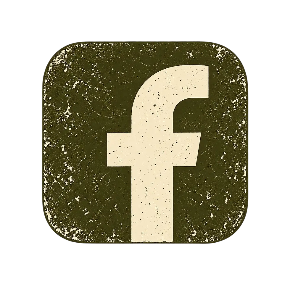 Digital graphic of the Facebook logo with a distressed, vintage grunge texture. The olive-drab and cream color palette gives it a retro, worn-out aesthetic.