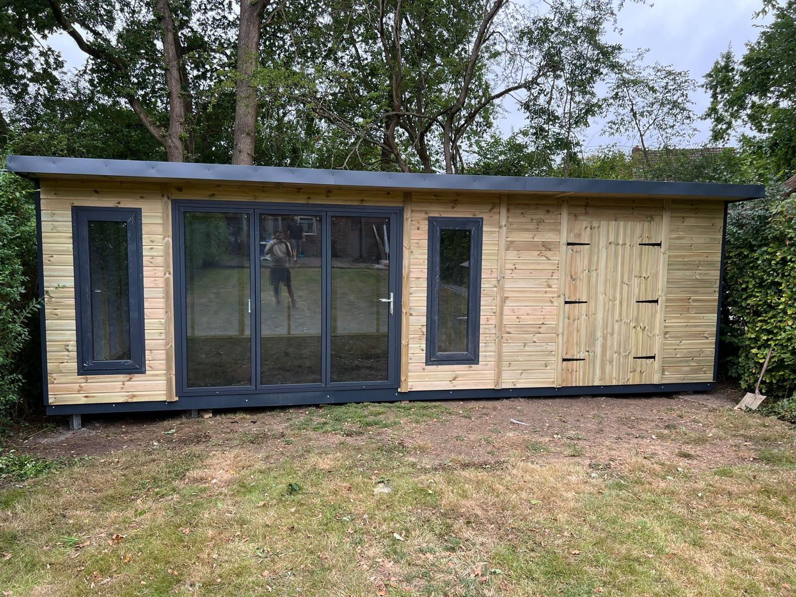26X14 Summerhouse with Bifold doors, 2 windows, Double Shed Doors & Pent roof