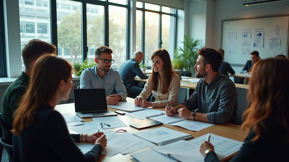 High-angle view of a busy office environment filled with professionals discussing projects