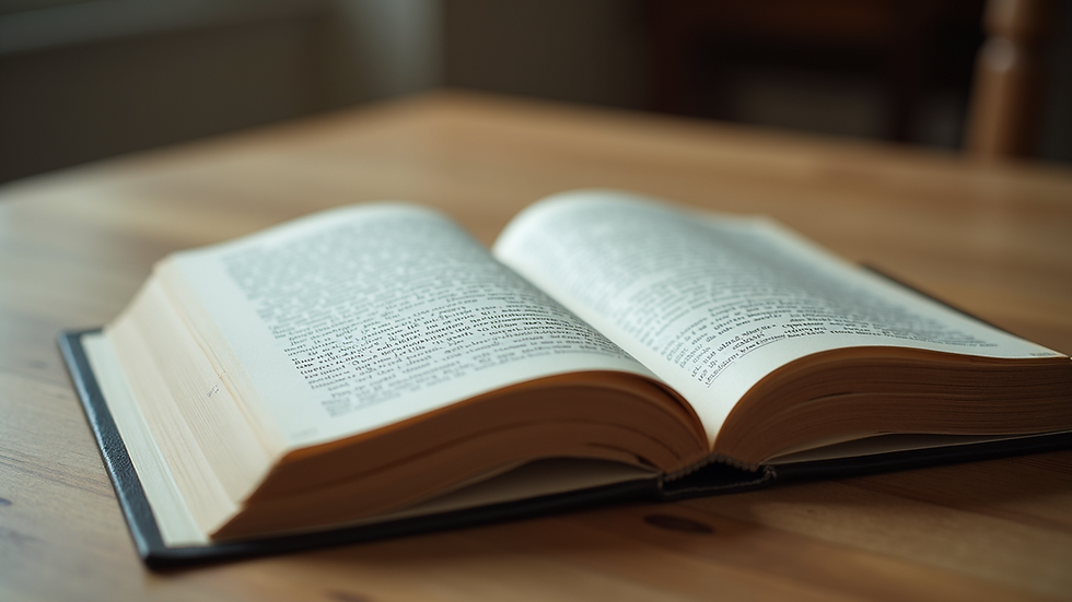 Eye-level view of an open book with typed pages laid beside it