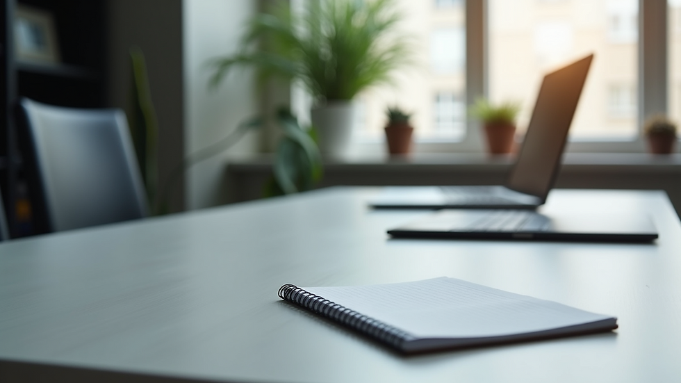 Eye-level view of a clean office desk with a laptop and notepad