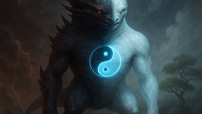 A dark-light creature with a glowing yin-yang symbol on its chest, symbolizing inner balance and chaos.