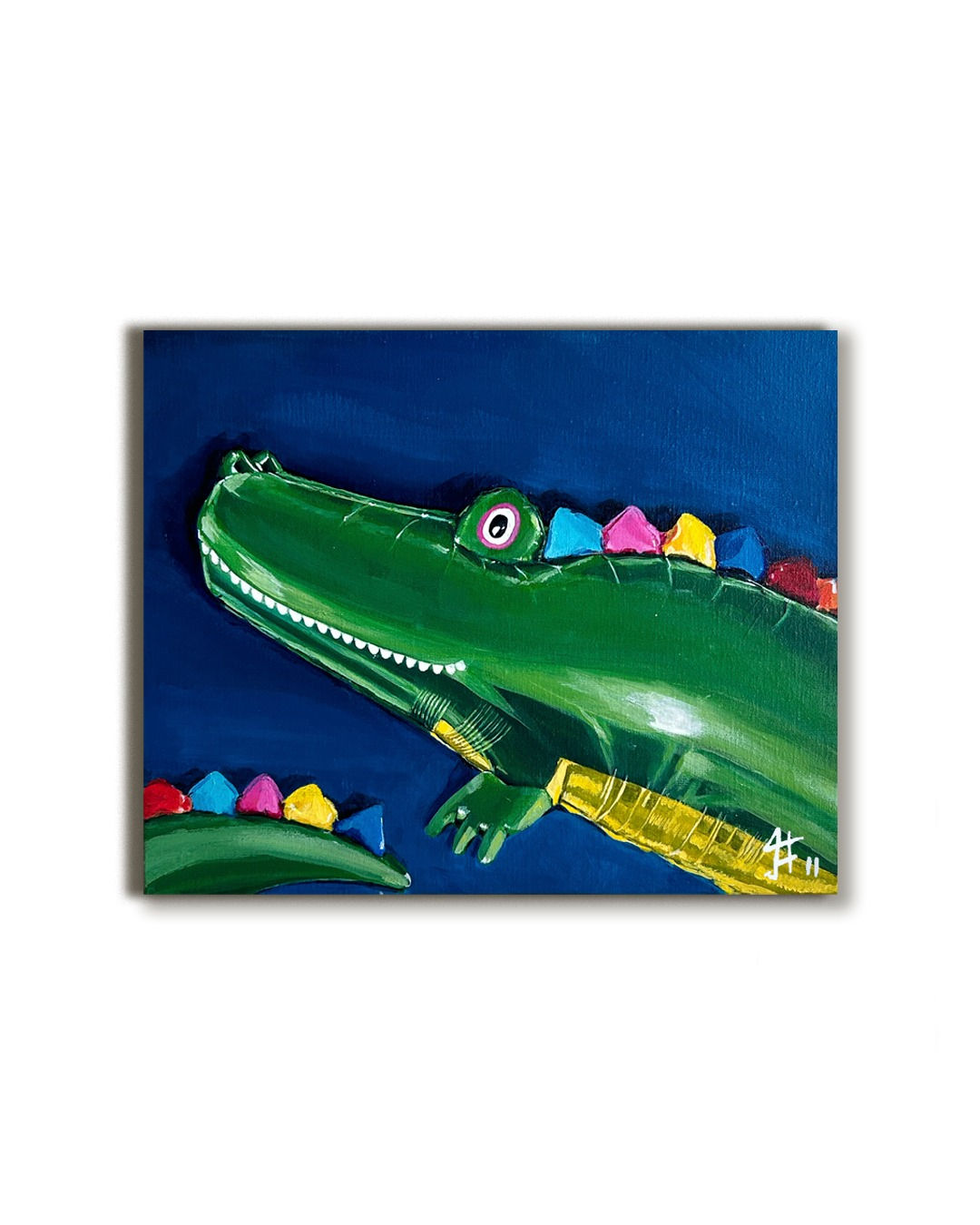 Obra de arte en acrílico sobre lienzo de caimán globo metalizado