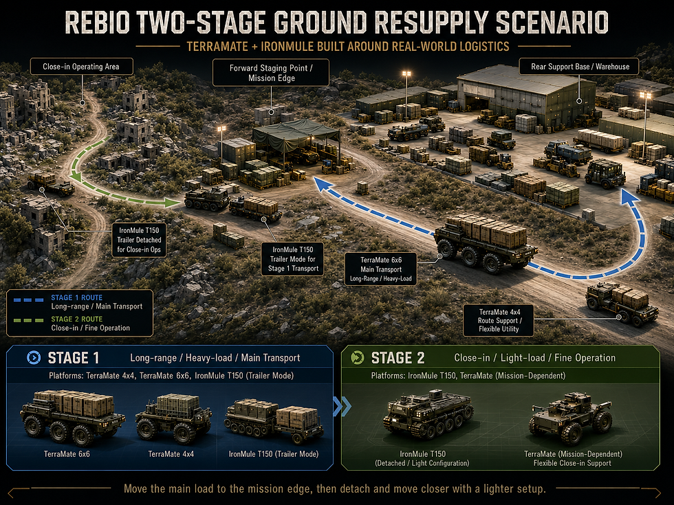 Infographic of two-stage military resupply: trucks, warehouses, and routes across a rugged base, labeled Stage 1 and Stage 2.
