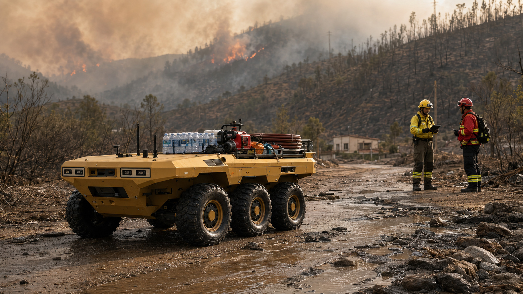 A six-wheel disaster logistics UGV carrying water, pumps and emergency supplies along a fire- and flood-damaged road