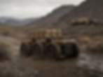 A Reuters-style editorial photo of a desert yellow TerraMate 6x6 logistics UGV carrying modular cargo boxes across rough gravel and muddy terrain, no visible weapons, no people facing camera, documentary defense industry photography